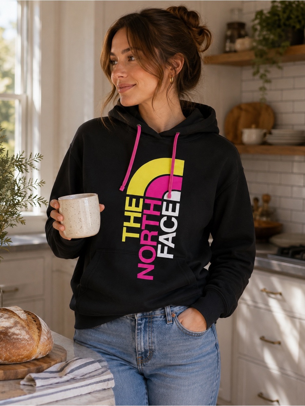 The North Face Black Hoodie with Neon Yellow & Hot Pink Logo